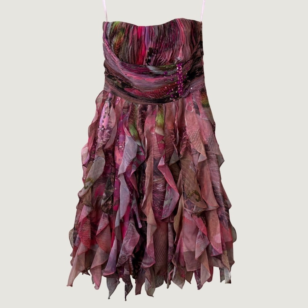 Cache Strapless Ruffle Mini Dress Pink Purple Floral Y2K Fantasy Fairycore Sz 4